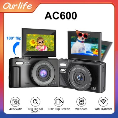 Ourlife AC600 Digital Camera 4K 64MP UHD Cameras 18X Digital Zoom 180° Flip Screen Vintage Vlogging Camera for YouTube Autofocus