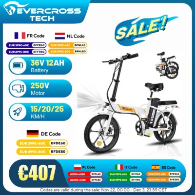 EVERCROSS TECH EK5 Electric Bike, 250W Adult E Bike, 20-45Km Foldable Electric Bike, 15/20/25 KM/H, 16'' Adult Electric Bike