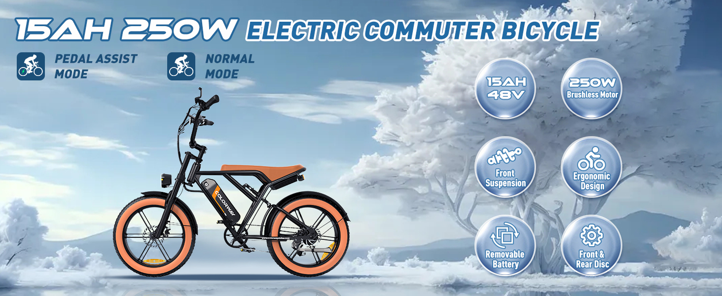 COLORWAY Electric Bikes,20'' Off-Road EBike with 4.0 Fat Tire,250W Motor and 48V 15Ah Battery, 7-Speed City Bike, Elecrtic Bicyc