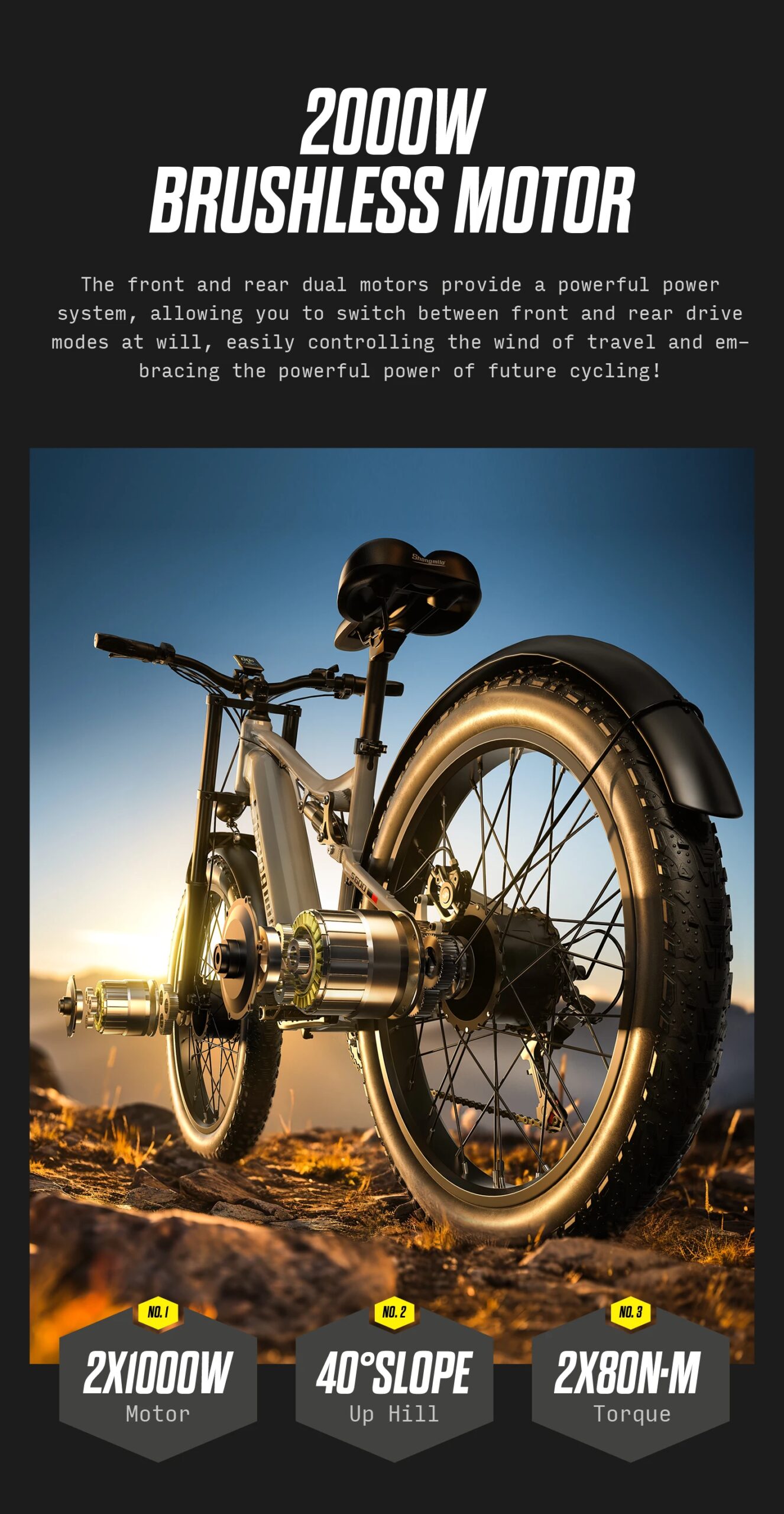 Shengmilo S600 Adult 2000W Men's E-Mountain ebike with Two Motors, 48V17.5AH840WH Battery,26 Inch Wide Tyre Men's Electric Bike Shengmilo S600 Adult 2000W Men's E-Mountain ebike with Two Motors, 48V17.5AH840WH Battery,26 Inch Wide Tyre Men's Electric Bike