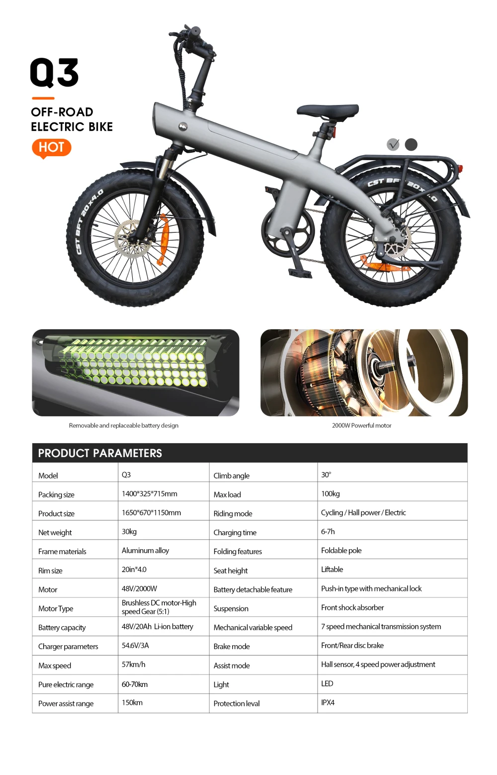 HX Q20PRO Adult Electric Bicycle 48V 20A E Bike Removable Battery Foldable Ebike 20 inch fat tire Electric Bike