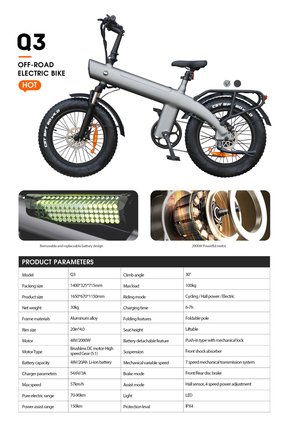 HUANCI Q3 Mountain Electric bicycle 2000W Adult electric bike 48V 20AH Ebike 20Inch Tire Off-Road fatbike City e bike