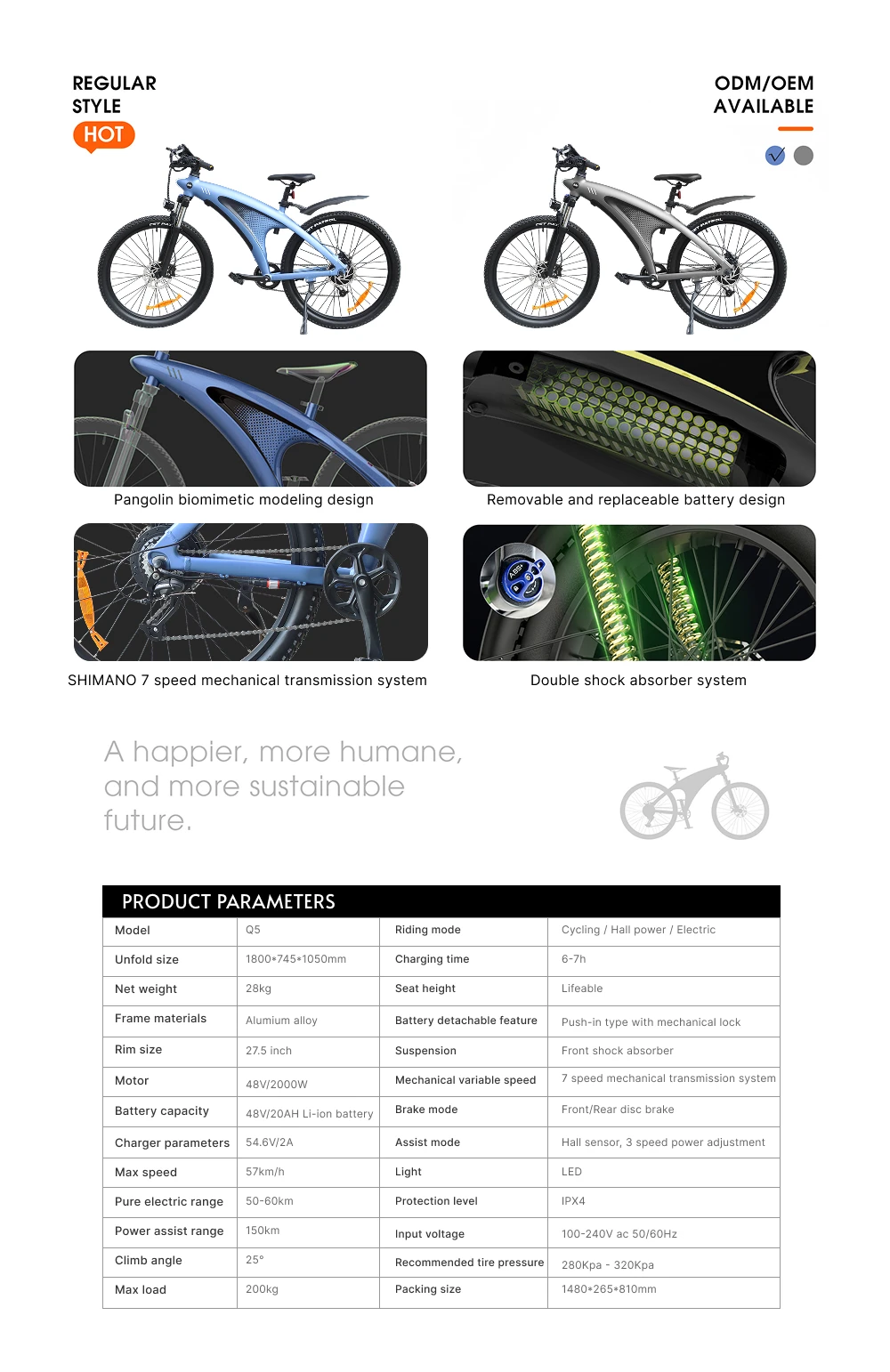 HX Q5 Ebikes 2000W Adults Electric Bike Bicycle 2000W 48V 20AH 27.5 Inch Off-Road Tire Electric E Bikes Mountain Ebike