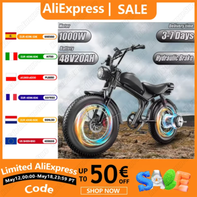 C93 Electric Bicycle 1000W Brushless Motor 48V20AH Lithium Battery Motorcycle Electric Bike 20*4.0 Inch Fat Tire Mountain E-bike