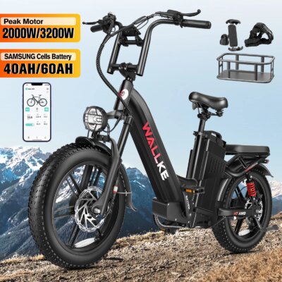 W Wallke H7 Electric Bike for Adults 60Ah/40Ah 3200W Dual-Motor 320 KM Long Range Step Thru eBike 20*4.0'' Fat Tire  APP Control