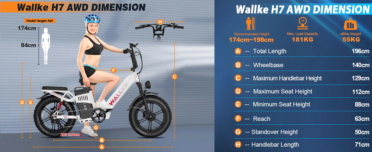W Wallke H7 Electric Bike for Adults 60Ah/40Ah 3200W Dual-Motor 320 KM Long Range Step Thru eBike 20*4.0'' Fat Tire  APP Control