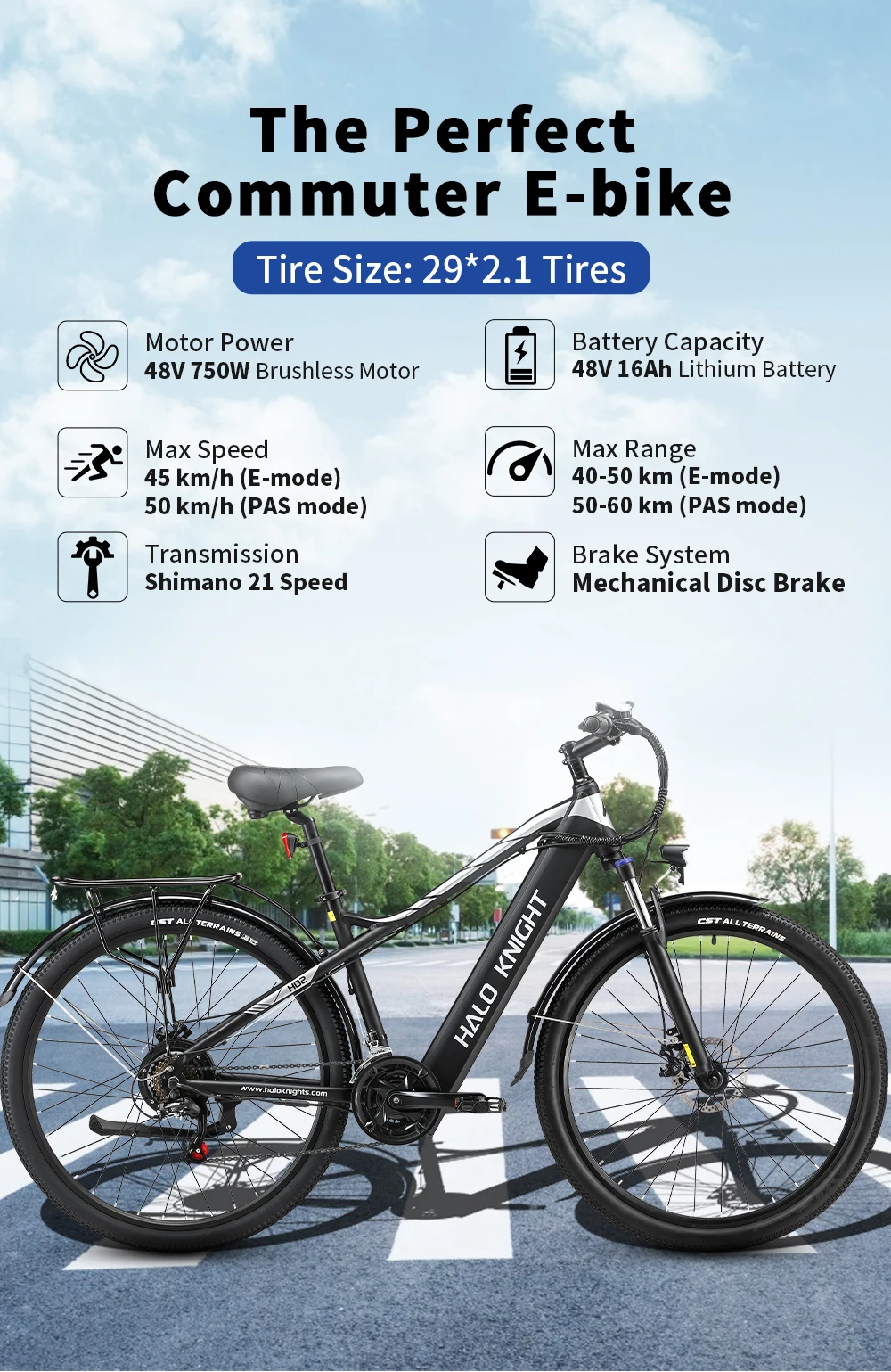 Halo Knight H02 Electric Bike, 750W 48V 16Ah Battery, 29*2.1-inch Tires, 50km/h Max Speed, 60km Max Range, Mechanical Disc Brake