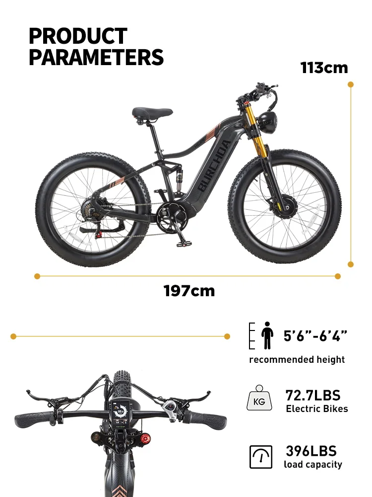 BURCHDA-Electric bike with two motors for adult, 26 inches wide, mountain Electric bike, 48V, 30 Ah, 2500W, HC26