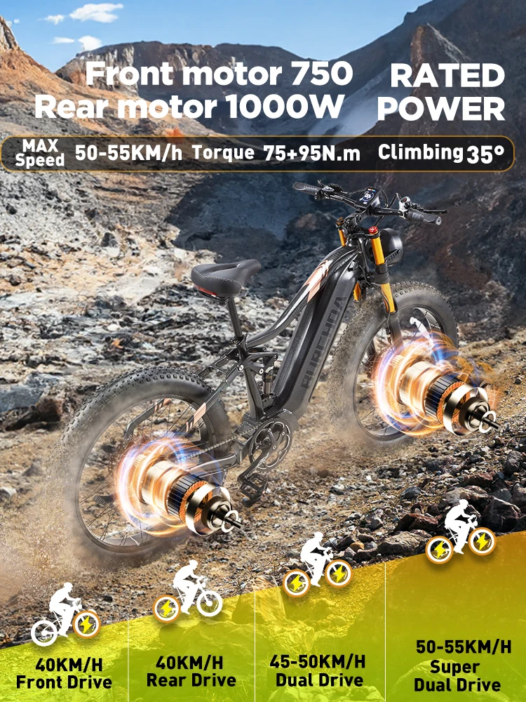 BURCHDA-Electric bike with two motors for adult, 26 inches wide, mountain Electric bike, 48V, 30 Ah, 2500W, HC26