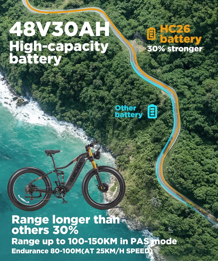 BURCHDA-Electric bike with two motors for adult, 26 inches wide, mountain Electric bike, 48V, 30 Ah, 2500W, HC26