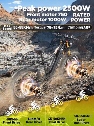 BURCHDA-Electric bike with two motors for adult, 26 inches wide, mountain Electric bike, 48V, 30 Ah, 2500W, HC26 - Image 2