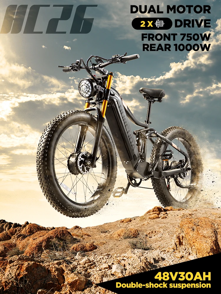 BURCHDA-Electric bike with two motors for adult, 26 inches wide, mountain Electric bike, 48V, 30 Ah, 2500W, HC26