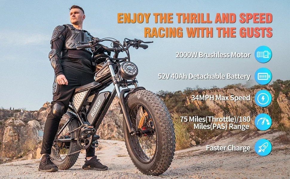 Ridstar-Q20 Pro Electric Bike for Adults, 2000W 52V, 40AH Battery, Max 50-180 Miles Electric Motorcycle, 20