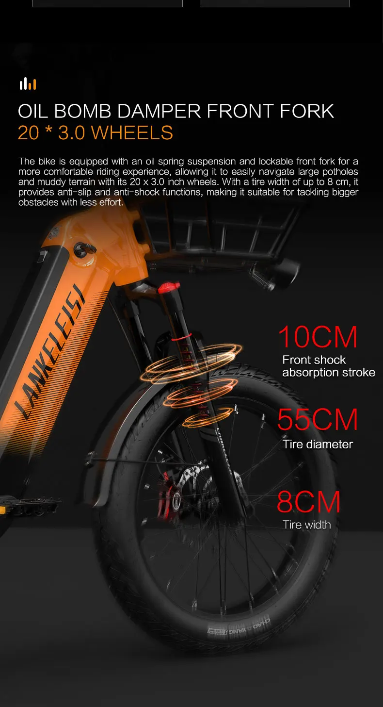 LANKELEISI Wombat-1 Adult Electric Bike 1000W 48V20AH City E-Bike 20 inch Fat fetus Non Foldable LCD Instrument Electric Bicycle