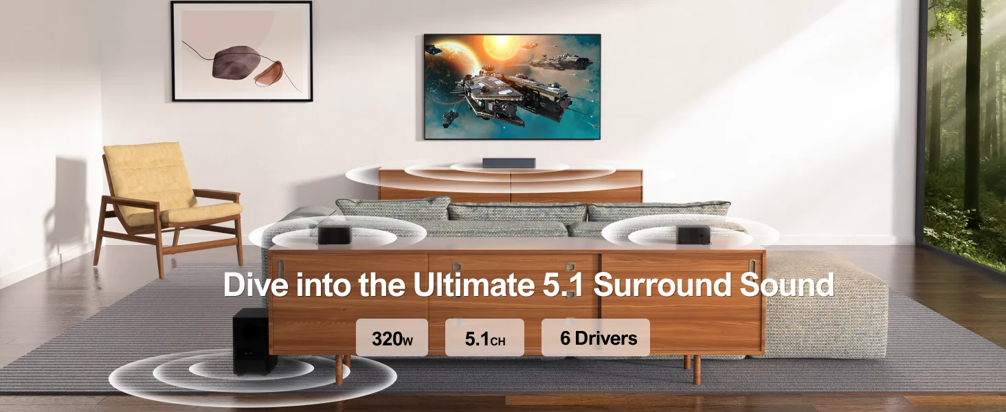 ULTIMEA 320W 5.1 Soundbar with Wireless Subwoofer&2 Surround Speakers, 3D Surround Sound System Home Theater Bluetooth Speakers