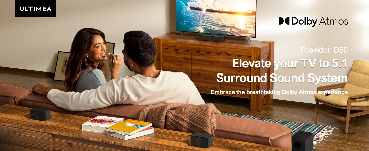 ULTIMEA 5.1ch Dolby Atmos Soundbar, 3D Surround Sound System, Soundbar for TV Devices with Wireless Subwoofer & 2 Rear Speakers ULTIMEA 5.1ch Dolby Atmos Soundbar, 3D Surround Sound System, Soundbar for TV Devices with Wireless Subwoofer & 2 Rear Speakers