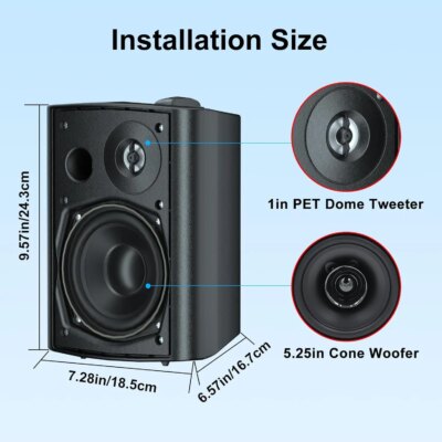 Herdio 5.25'' 300W Indoor Outdoor Waterproof Dual Speakers Home Theater Wall Mount System For Garage Basement living Room Black - Image 3