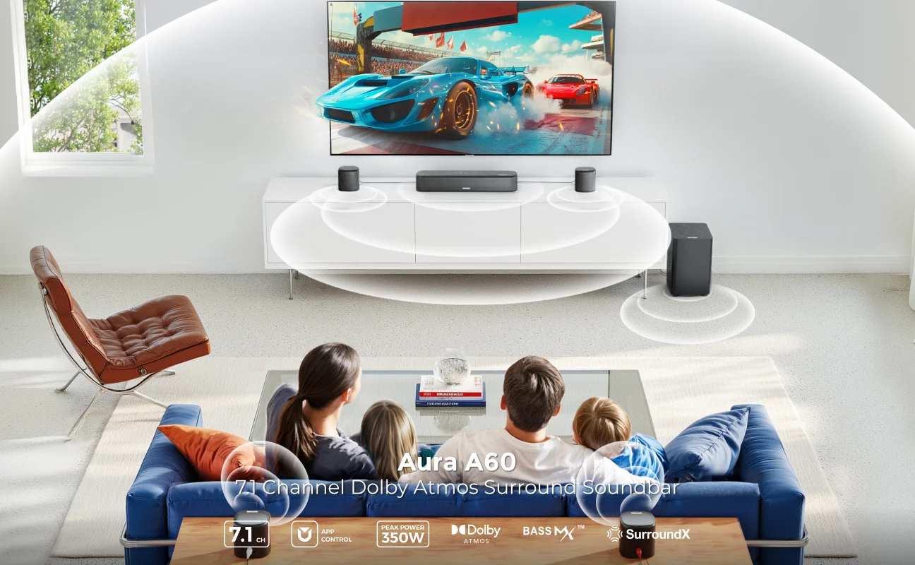 ULTIMEA 350W 7.1 Soundbar for TV with Dolby Atmos,Home Theater Technology Bluetooth Speakers with Subwoofer&4 Surround Speakers
