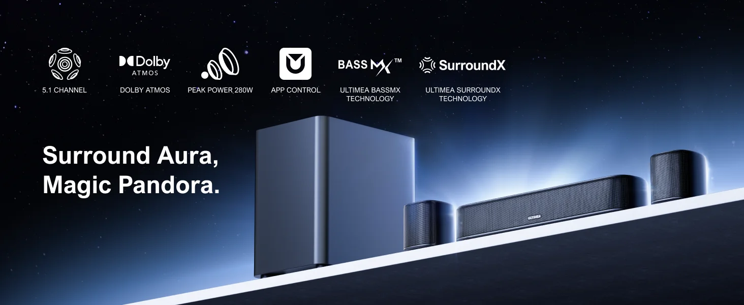 ULTIMEA 5.1ch SoundBar with Dolby Atmos, APP Control, Home Theater Sound Bar for Smart TV with Subwoofer&2 Surround Speakers ULTIMEA 5.1ch SoundBar with Dolby Atmos, APP Control, Home Theater Sound Bar for Smart TV with Subwoofer&2 Surround Speakers