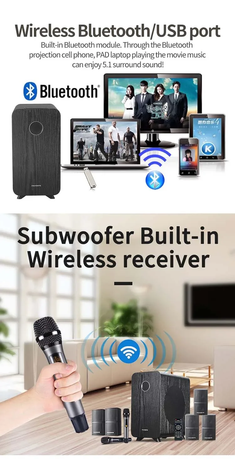 Mini 5.1 Surround Home Theater System With Karaoke USB Wireless Microphone Amplifier Speaker Bt Home Theatre System