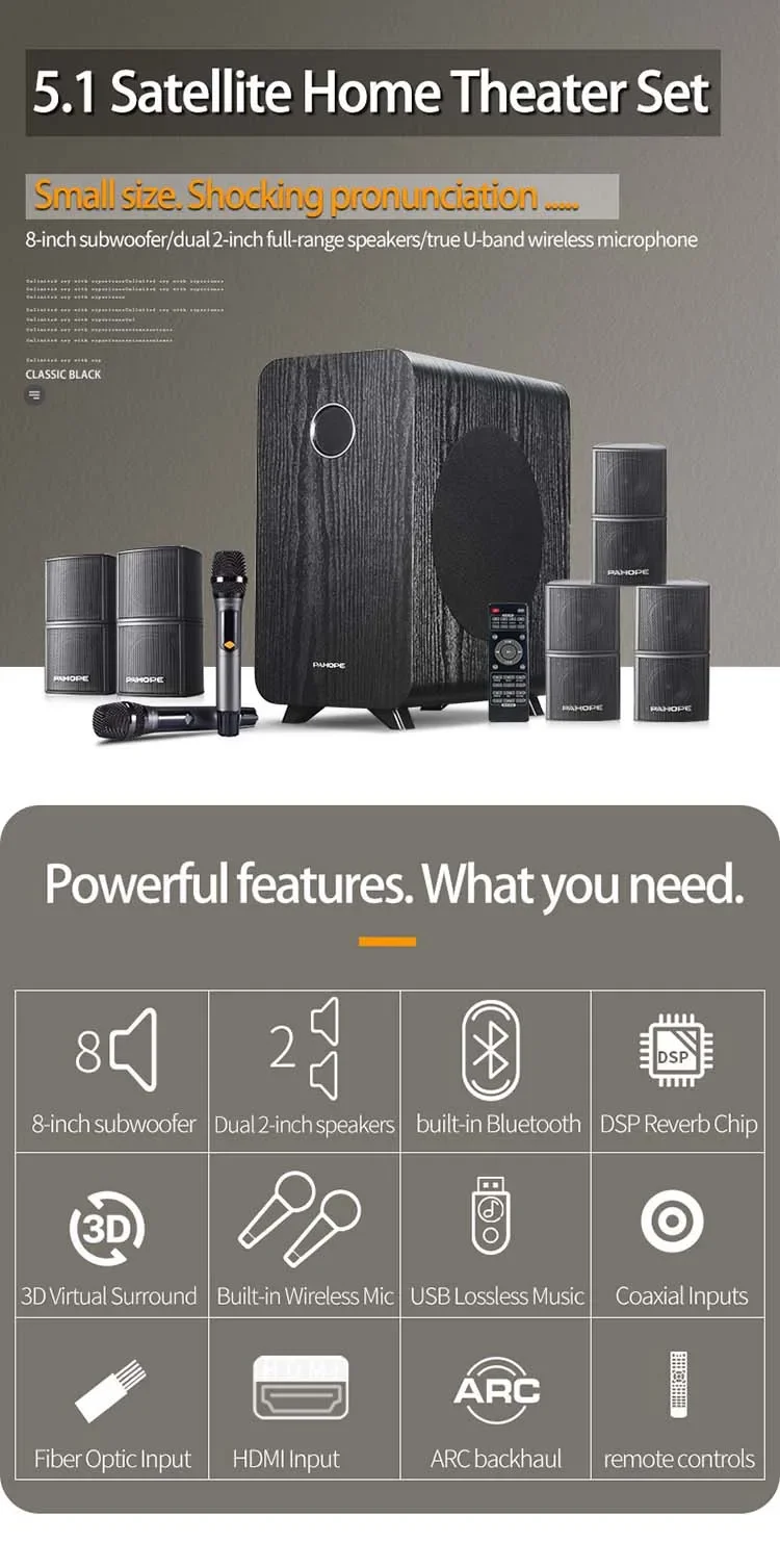 Mini 5.1 Surround Home Theater System With Karaoke USB Wireless Microphone Amplifier Speaker Bt Home Theatre System