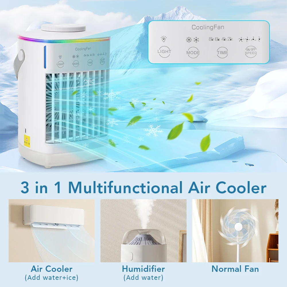 Air Conditioner Portable Fan Desktop Dual Spray Ultrasonic Atomization 3/4-Speed Mute Air Cooler Night Light Electric Home Fan