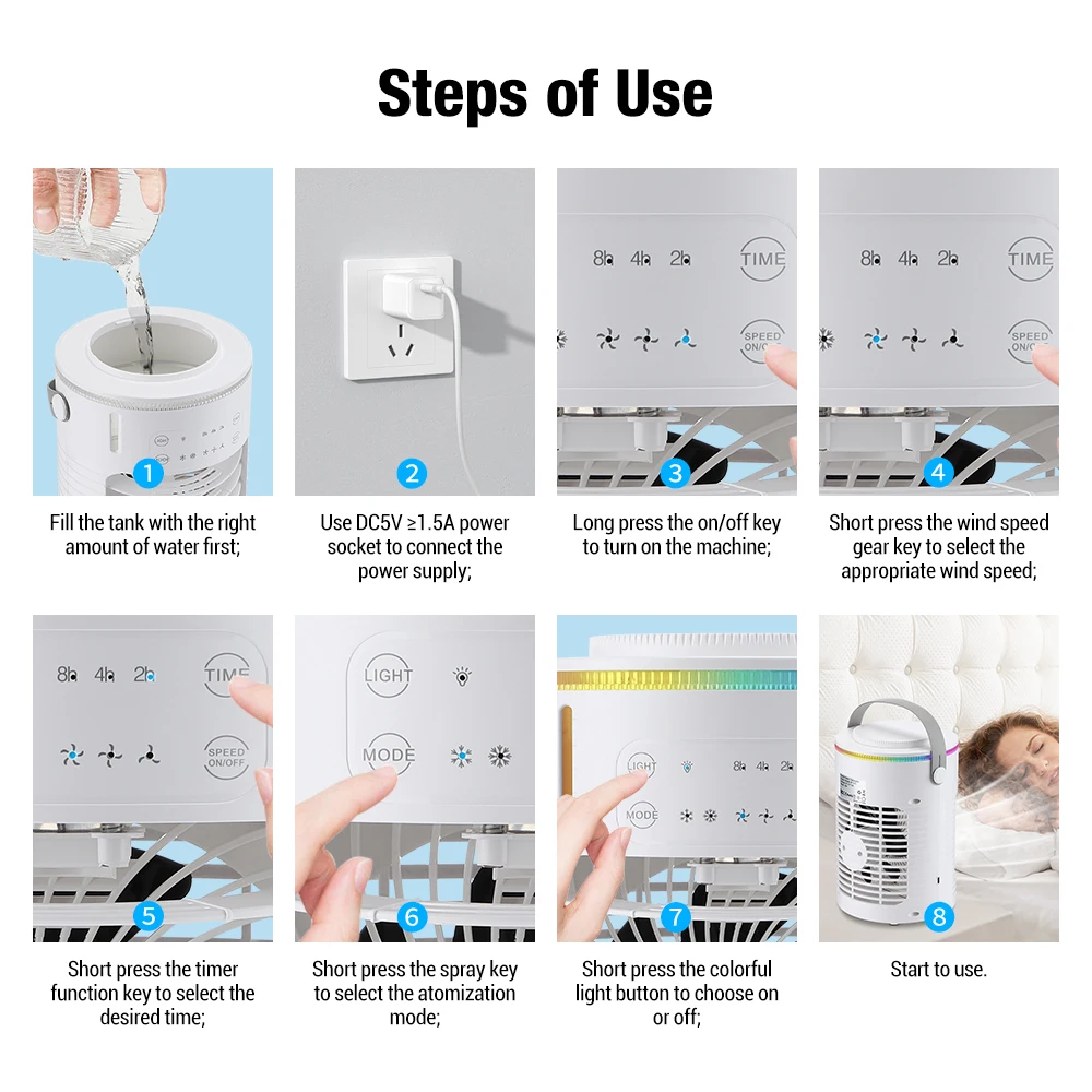 Air Conditioner Portable Fan Desktop Dual Spray Ultrasonic Atomization 3/4-Speed Mute Air Cooler Night Light Electric Home Fan