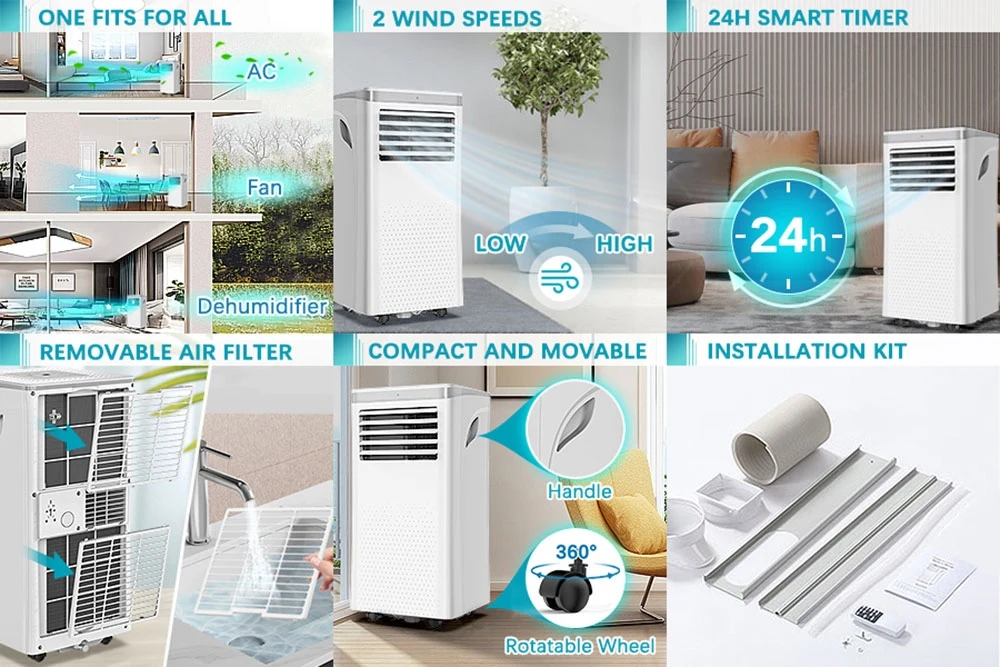LUKO A011D1-7K 3 in 1 Portable Air Conditioner Dehumidifier, 7000BTU Cooling Capacity, 2 Wind Speeds, 24-Hour ,Remote Control