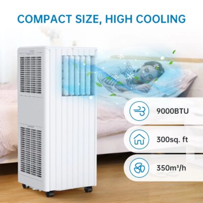 Mobile Air Conditioner, 9000 BTU,Cooling, Ventilation And Dehumidification 3 In 1, Room Size Up To 75m³ (25㎡), With Exhaust Pipe