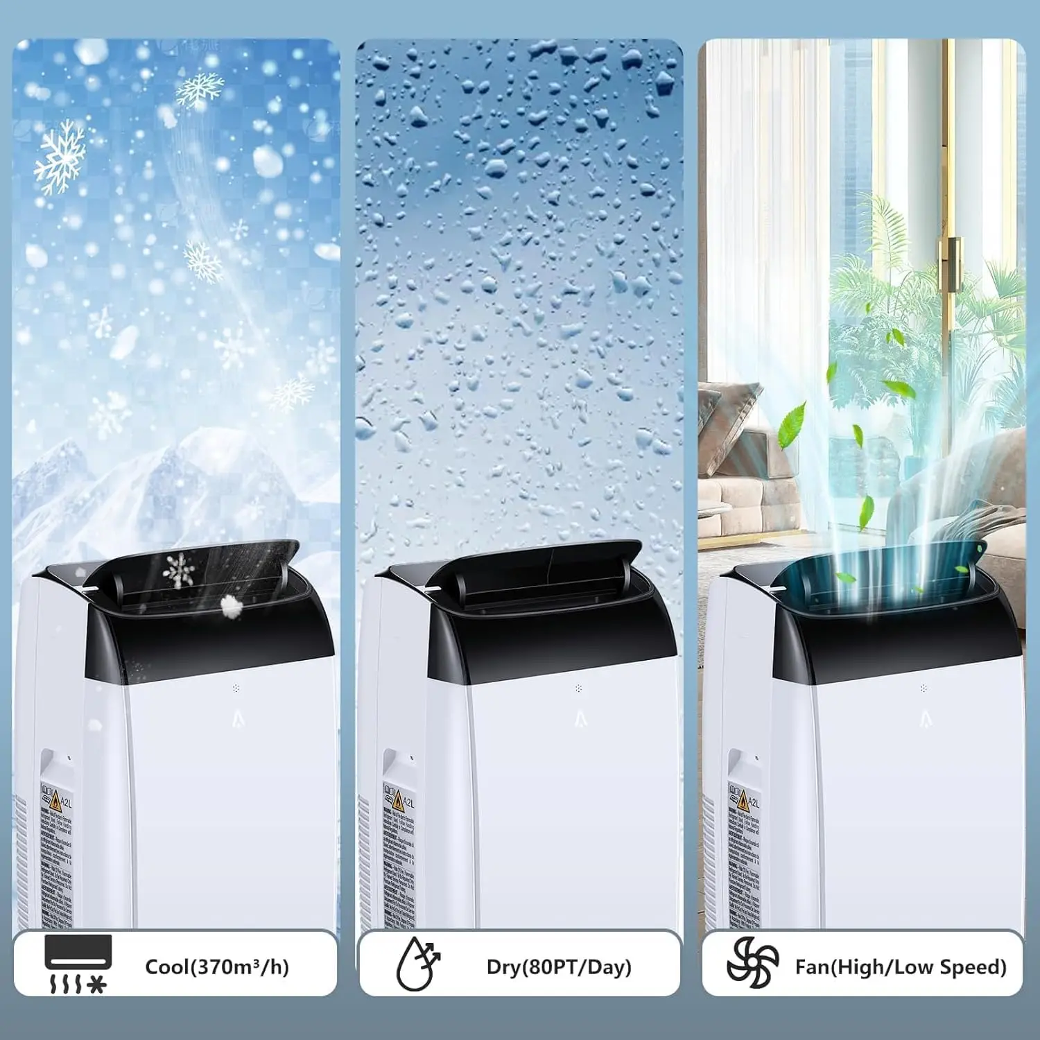3 in 1 Portable Air Conditioner with Remote Control 10000 Btus/H 2.6 kW 42L/Day Dehumidification 2 Speed Fan, Cooling, 24H Timer