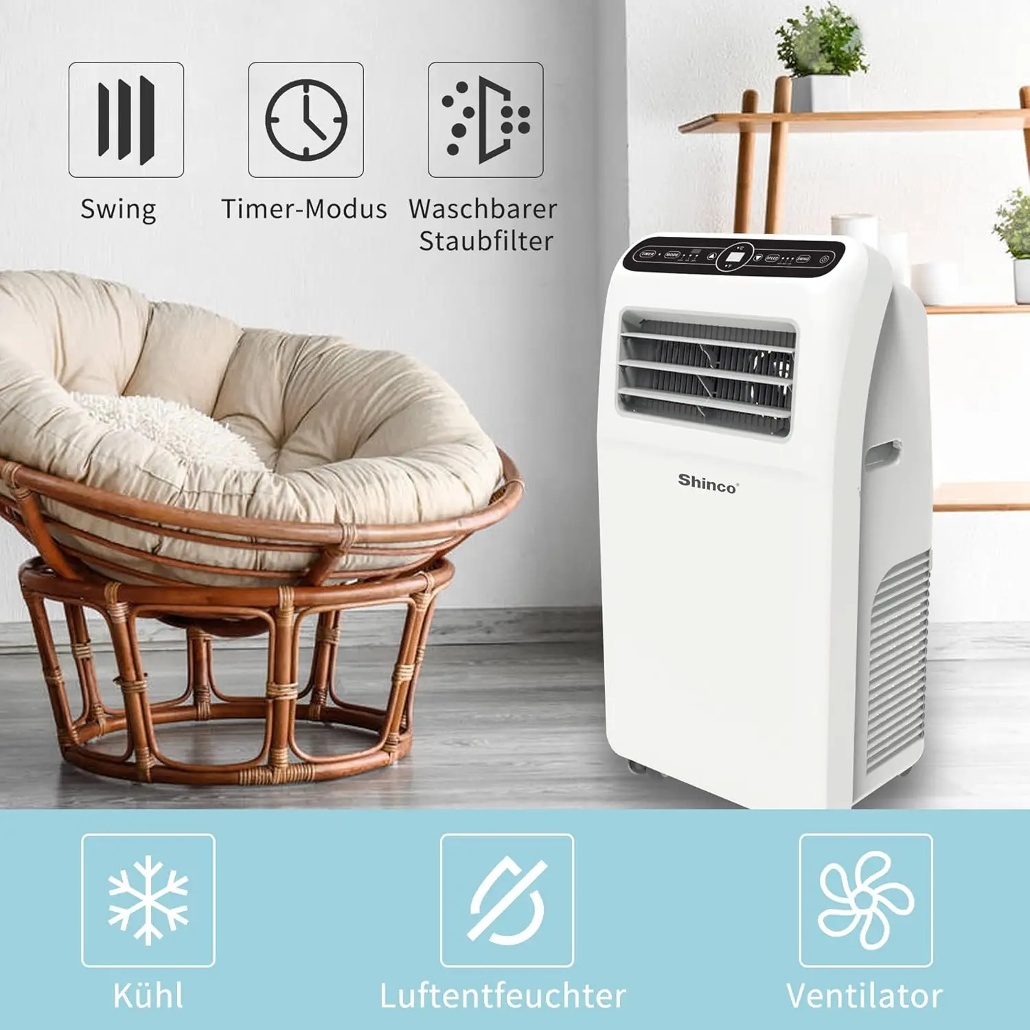 SHINCO Mobile Air Conditioner with Exhaust Hose, 12000BTU, 3.5 kw, Cooling & Ventilating & Dehumidifying, Mobile Air Conditioner