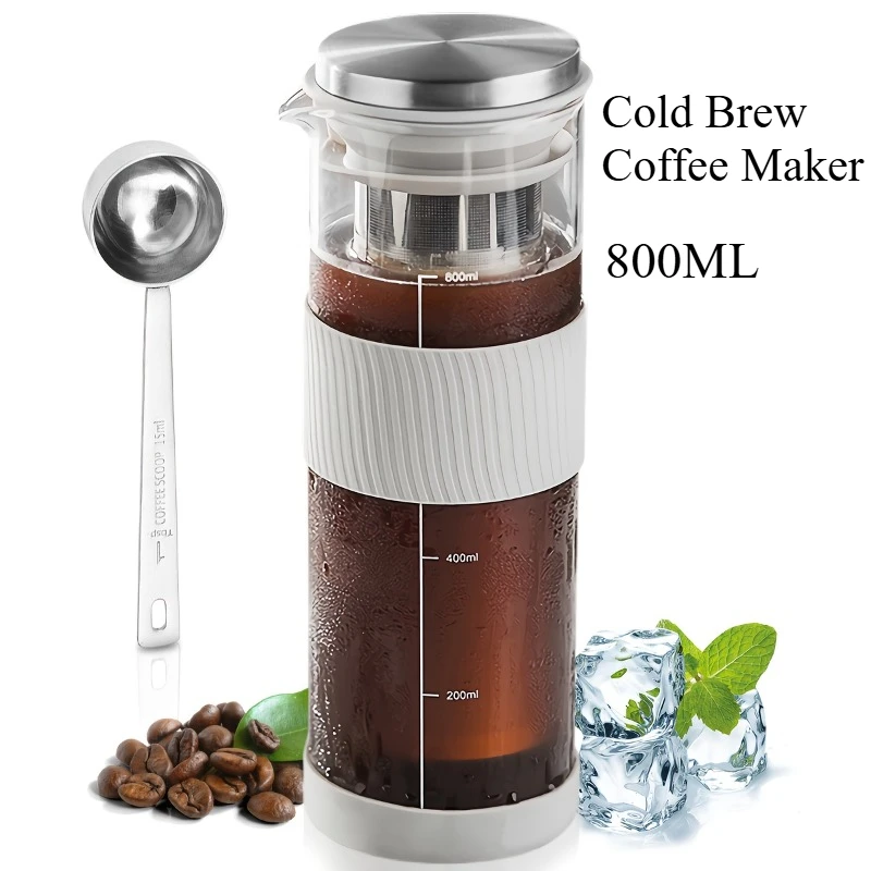 800ml Cold Brew Coffee Maker with Spoon Hand Brew Cold Extraction Coffee Pot Stainless Steel Filter Cold Brew Coffee Tea Pitcher