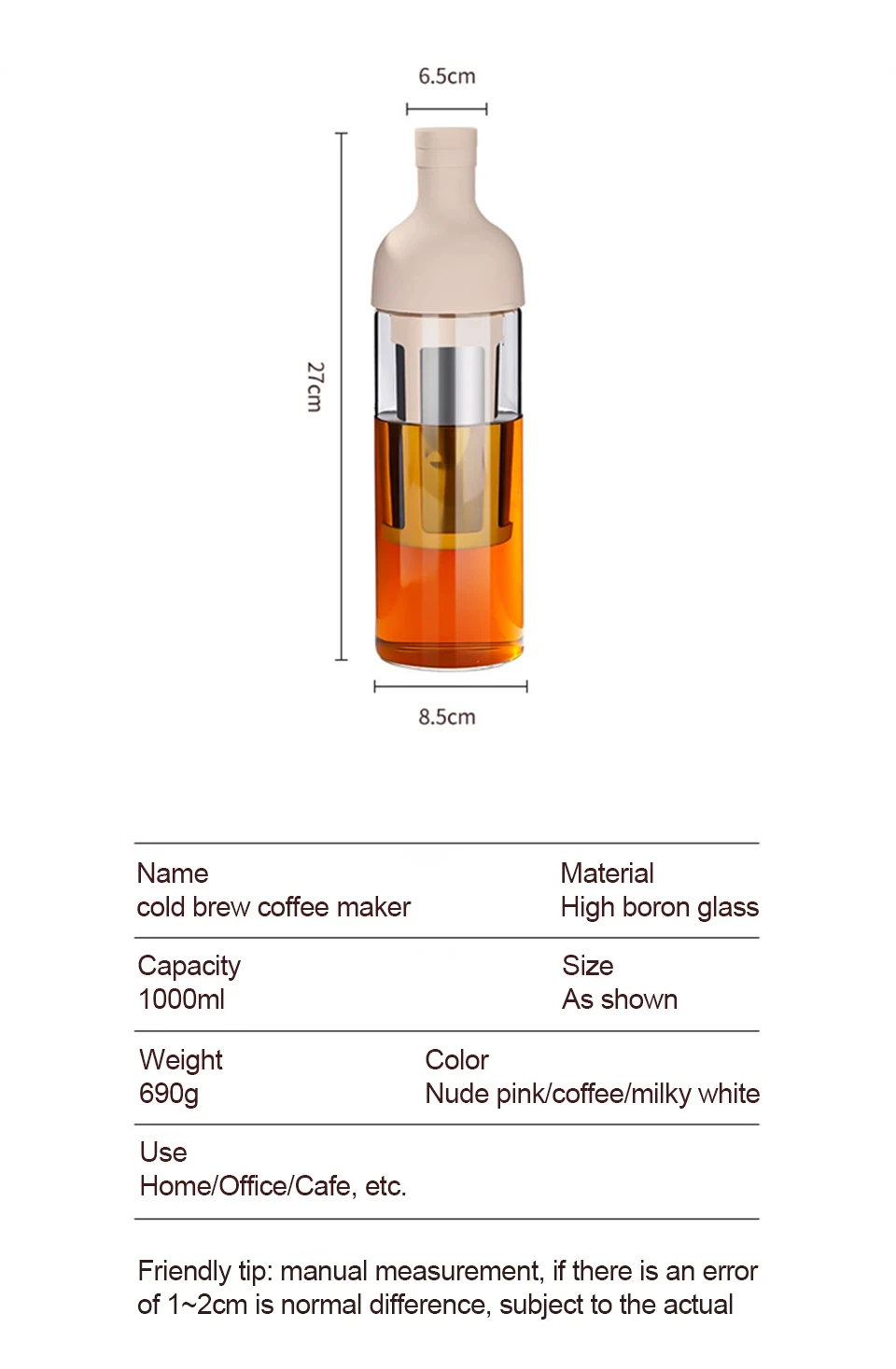 Glass Manual Cold Brewer Coffee Machine,900ML Portable Juicer,Summer Making Ice Coffee Fruit Tea,Milk Frother,for Refrigerator