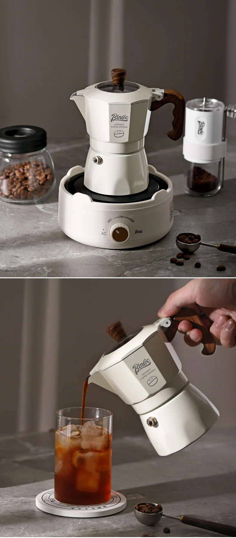 Bincoo-Double Valve Mocha Pot, Espresso Machine, Brewed Coffee, Italian Home, Kitchen Utensils, Accessories, 2 Persons