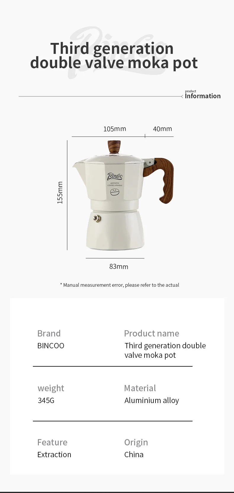 Bincoo-Double Valve Mocha Pot, Espresso Machine, Brewed Coffee, Italian Home, Kitchen Utensils, Accessories, 2 Persons