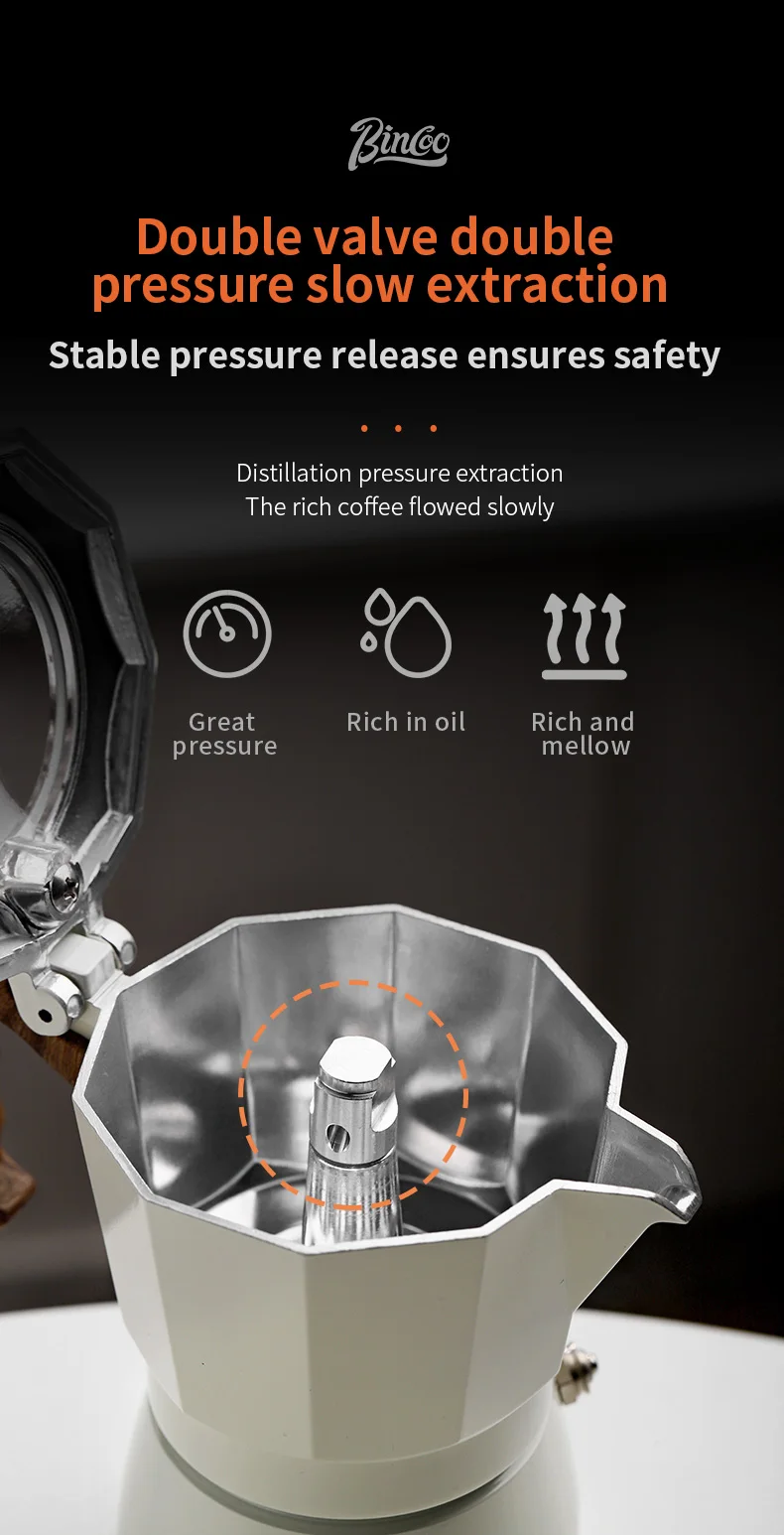 Bincoo-Double Valve Mocha Pot, Espresso Machine, Brewed Coffee, Italian Home, Kitchen Utensils, Accessories, 2 Persons