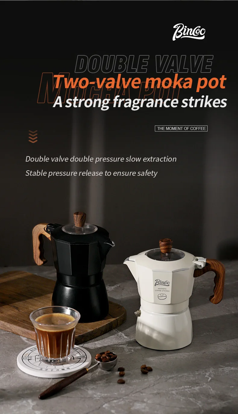 Bincoo-Double Valve Mocha Pot, Espresso Machine, Brewed Coffee, Italian Home, Kitchen Utensils, Accessories, 2 Persons