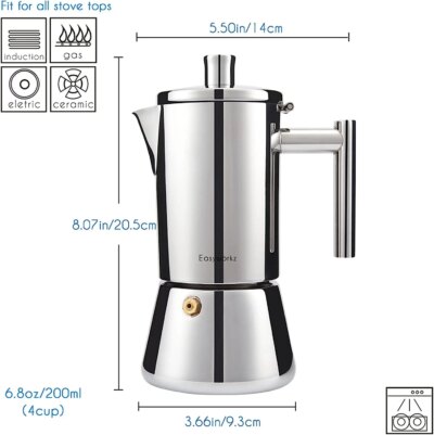 Easyworkz Diego Stovetop Espresso Maker Stainless Steel Italian Coffee Machine Maker 4Cup 6.8 oz Induction Moka Pot - Image 2