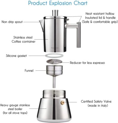 Easyworkz Diego Stovetop Espresso Maker Stainless Steel Italian Coffee Machine Maker 4Cup 6.8 oz Induction Moka Pot - Image 5