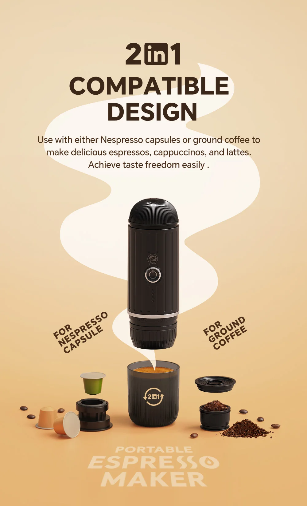 ICafilas ME2218 Mini 2-in-1 Italian Capsule Coffee Machine Fully Automatic Heating and Grinding Portable Outdoor Sports Tour