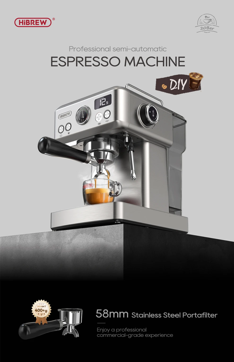 HiBREW 20Bar Semi Automatic Espresso Coffee Machine Temperature Adjustable 58mm Portafilter Cold/Hot Coffee Maker Metal CaseH10A HiBREW 20Bar Semi Automatic Espresso Coffee Machine Temperature Adjustable 58mm Portafilter Cold/Hot Coffee Maker Metal CaseH10A