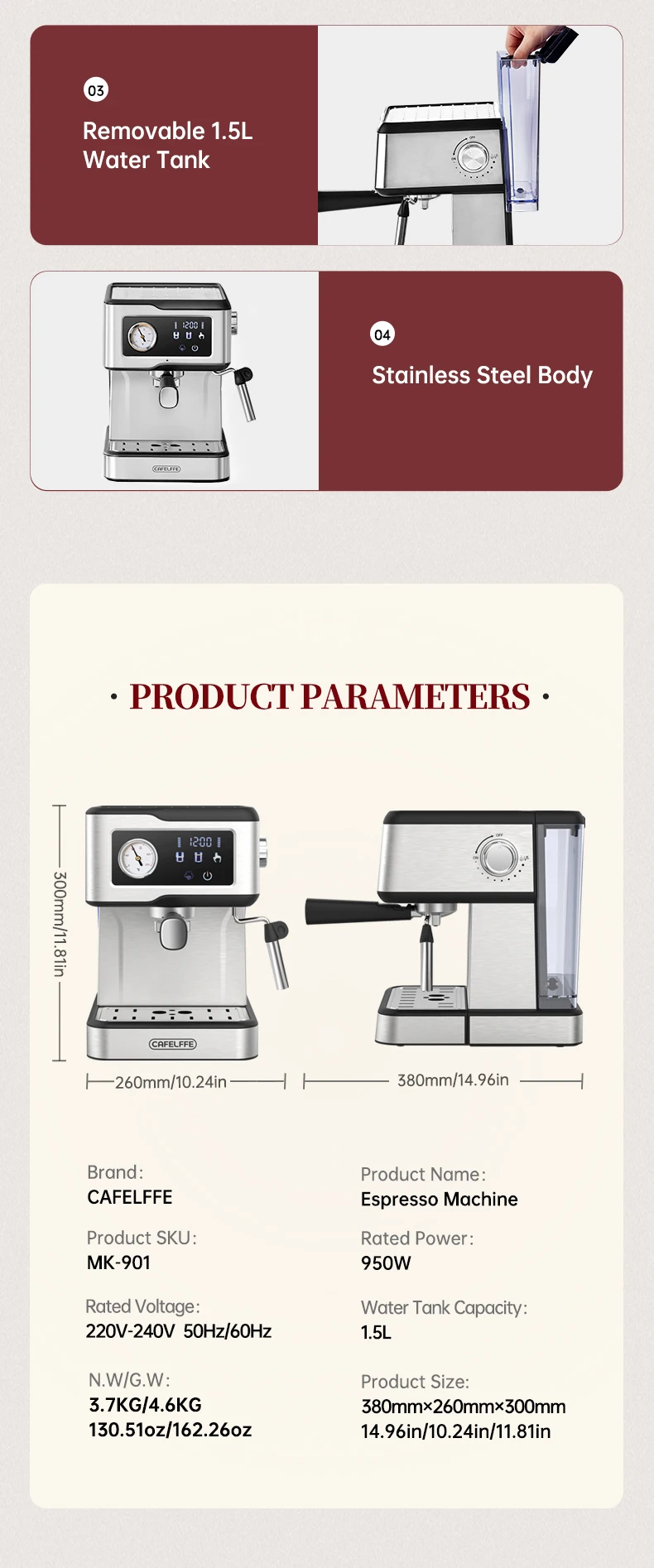 Cafelffe Espresso Machine 20Bar,Cappuccino Maker with Milk Frother Steam Wand,Coffee Maker,Semi-Automatic Cafetera present,Gift