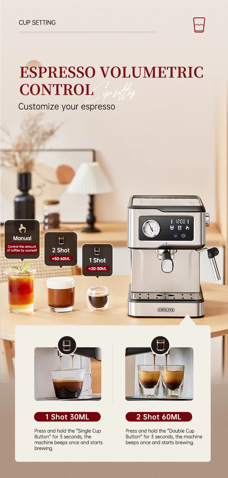 Cafelffe Espresso Machine 20Bar,Cappuccino Maker with Milk Frother Steam Wand,Coffee Maker,Semi-Automatic Cafetera present,Gift