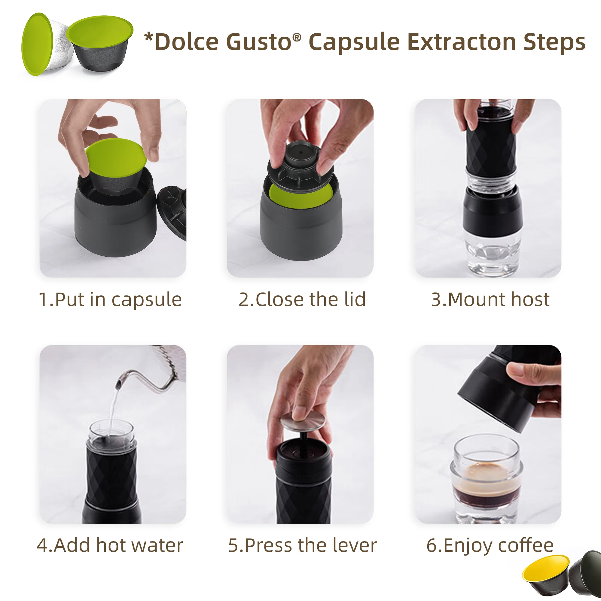 BioloMix Portable Coffee Maker Espresso Machine Hand Press Capsule Ground Coffee Brewer Portable for Travel and Picnic