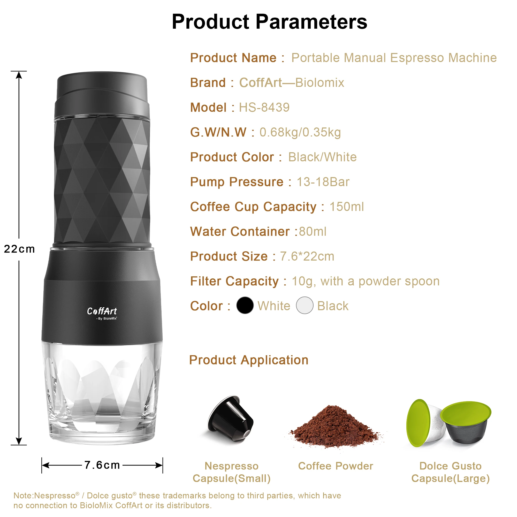 BioloMix Portable Coffee Maker Espresso Machine Hand Press Capsule Ground Coffee Brewer Portable for Travel and Picnic