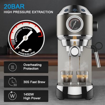 BioloMix 20 Bar Semi Automatic Powder Coffee Machine,with Milk Steam Frother Wand, for Espresso, Cappuccino, Latte and Mocha - Image 2