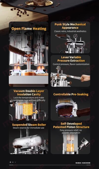ITOP IT-HPEM-4/4s Manual Variable Pressure Coffee Machine Lever Coffee Machine Flame and Electric Energy Supply Espresso Maker - Image 3