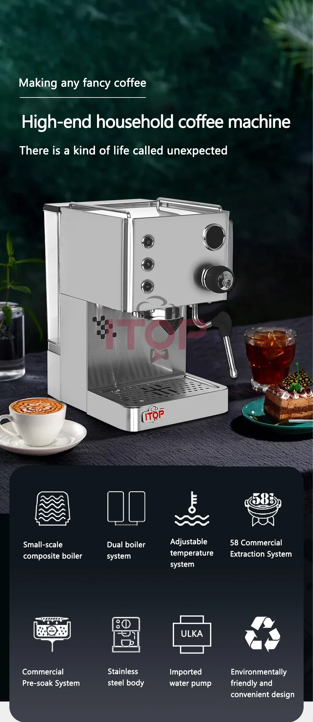ITOP CRM3007G Espresso Coffee Machine Maker Pre-infusion Automatic Coffee with OPV Valve PID Technical Control Cappuccino Latte
