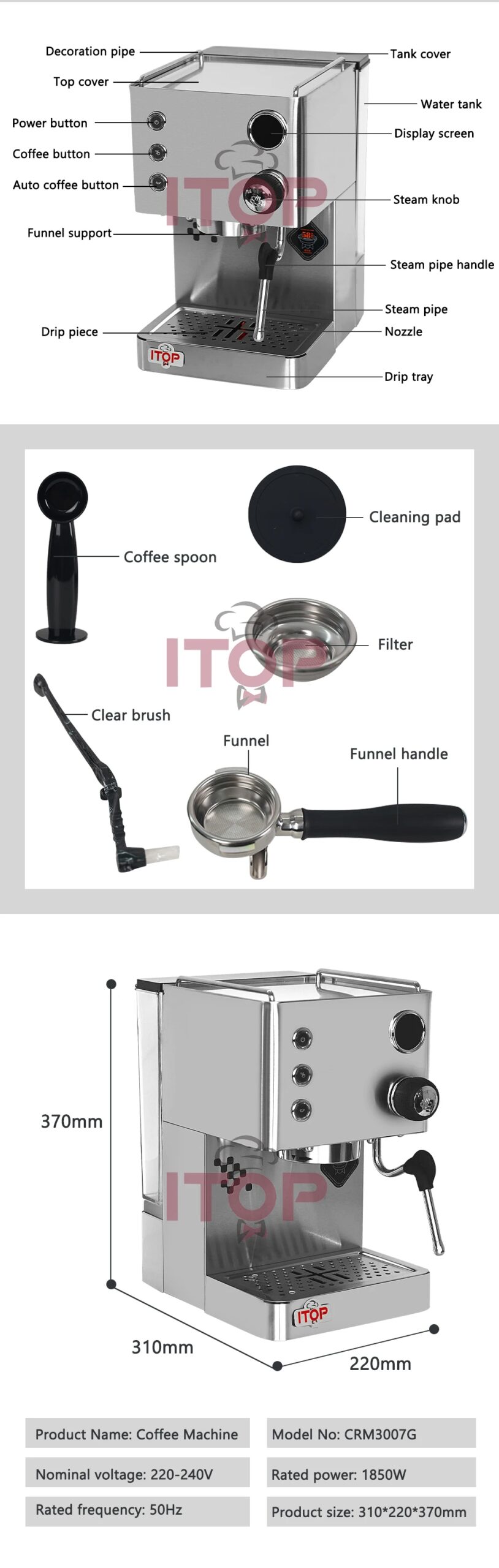 ITOP CRM3007G Espresso Coffee Machine Maker Pre-infusion Automatic Coffee with OPV Valve PID Technical Control Cappuccino Latte