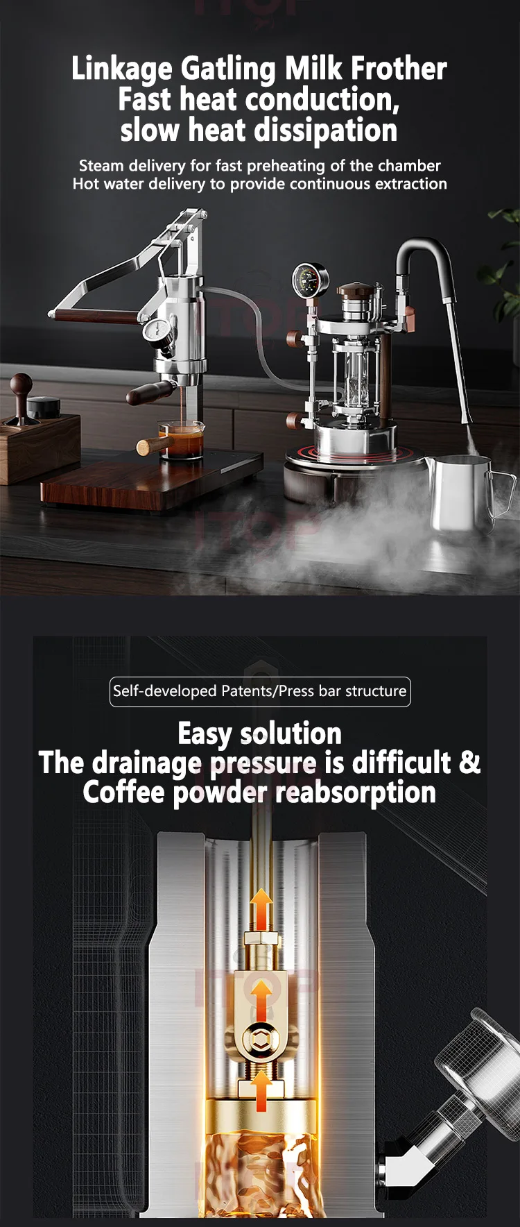 ITOP IT-HPEM-2-P Hand Press Coffee Maker With PID Temperature Control 9 Bar Constant/Variable Pressure Lever Espresso Coffee NEW